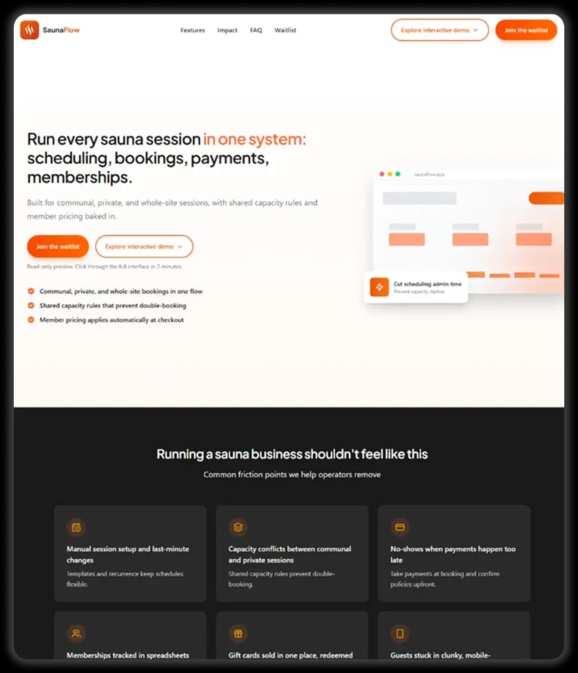 Screenshot of the SaunaFlow website homepage